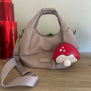 Kate Spade Carter nylon small pleated crossbody satchel bag purse in cozy grey